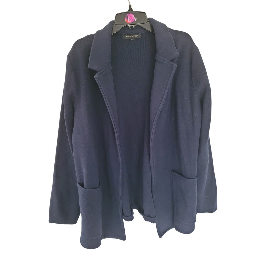 Banana‎ Republic Navy Blue Knit Blazer Cardigan XL Cotton Open Front Pocket #15